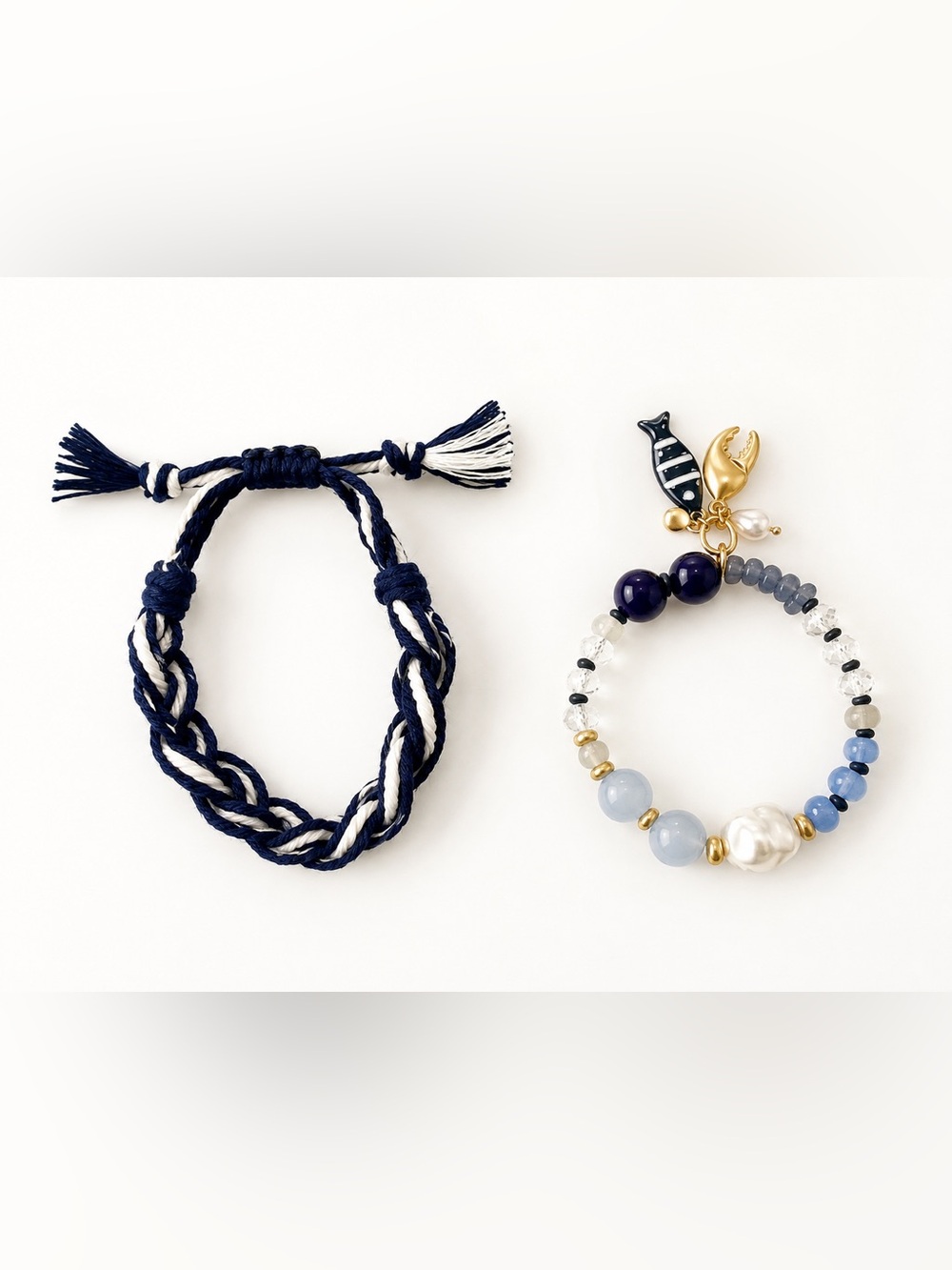 Nautical Beaded Charm & Braided Bracelet Set Navy Blue White